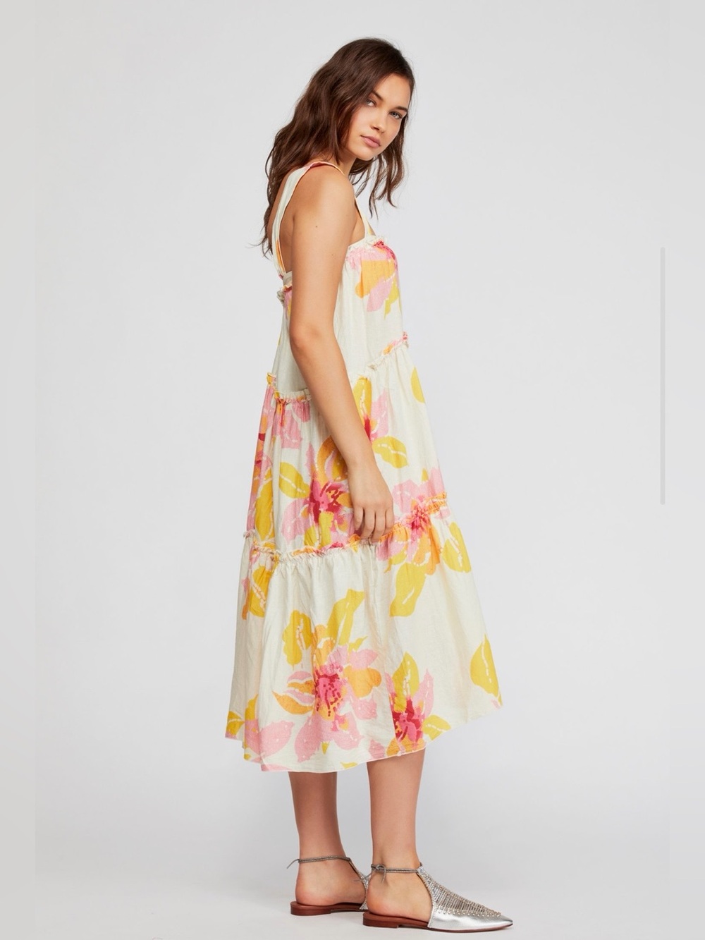 🤍💐EUC Free People “Moonshine Midi Dress” White🤍Pink💗Yellow💛Floral💐Sz Medium - Picture 7 of 15